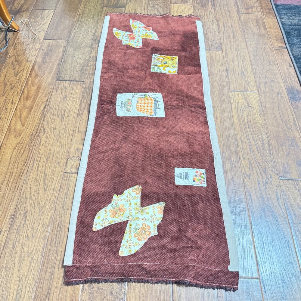 VTG Handmade Applique Table Runner Burgundy Chenille Butterfly Folk Art 52x15